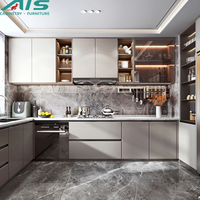 AIS European Modern Design Style Custom Minimalistic Furniture Set Grey PVC Kitchen Cupboards Cabinets and Glass Showcase