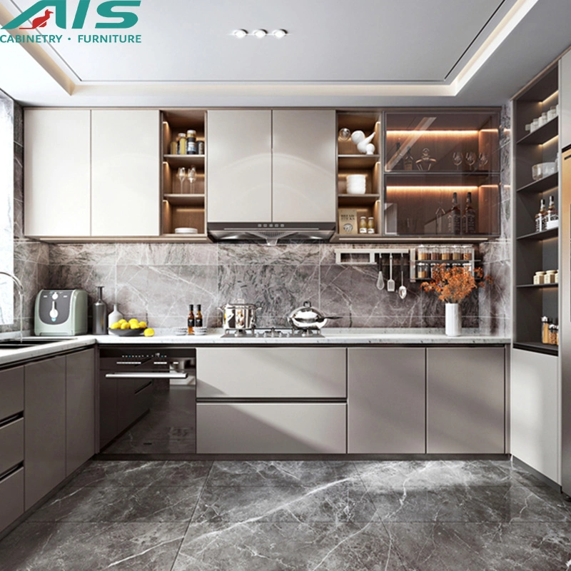 AIS personalizado de estilo europeo moderno diseño minimalista juego de muebles de cocina de PVC gris ARMARIOS Armarios y vitrina de cristal