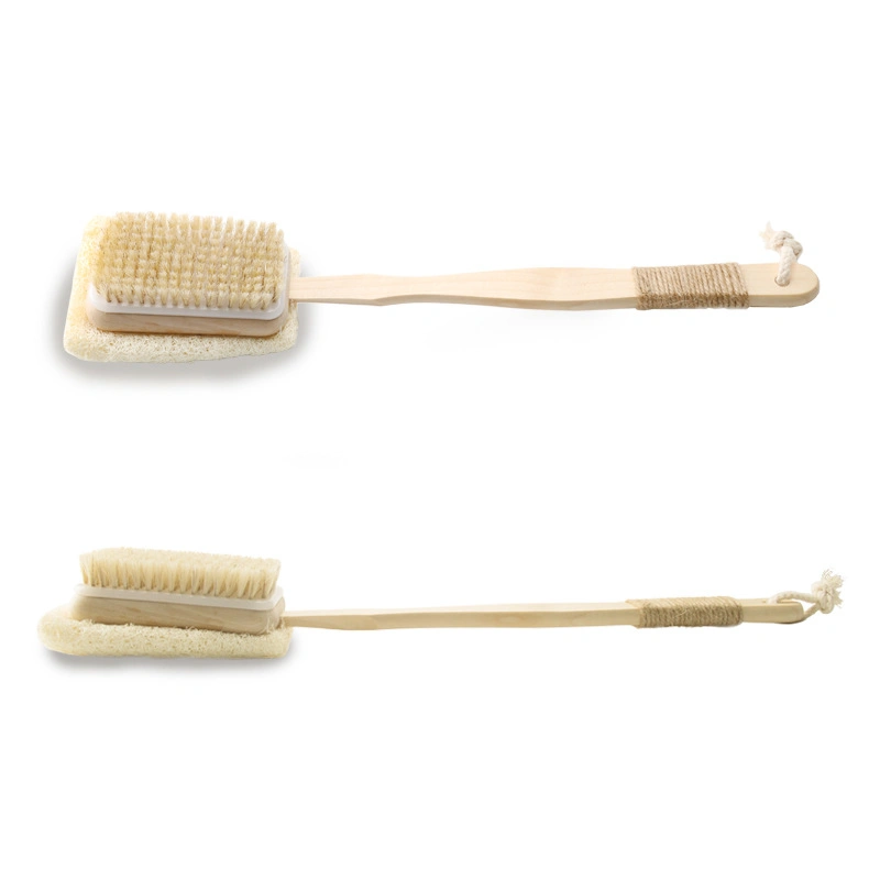 Rectangle Loofah Sponge Bristle Bath Brush with Long Wooden Handle