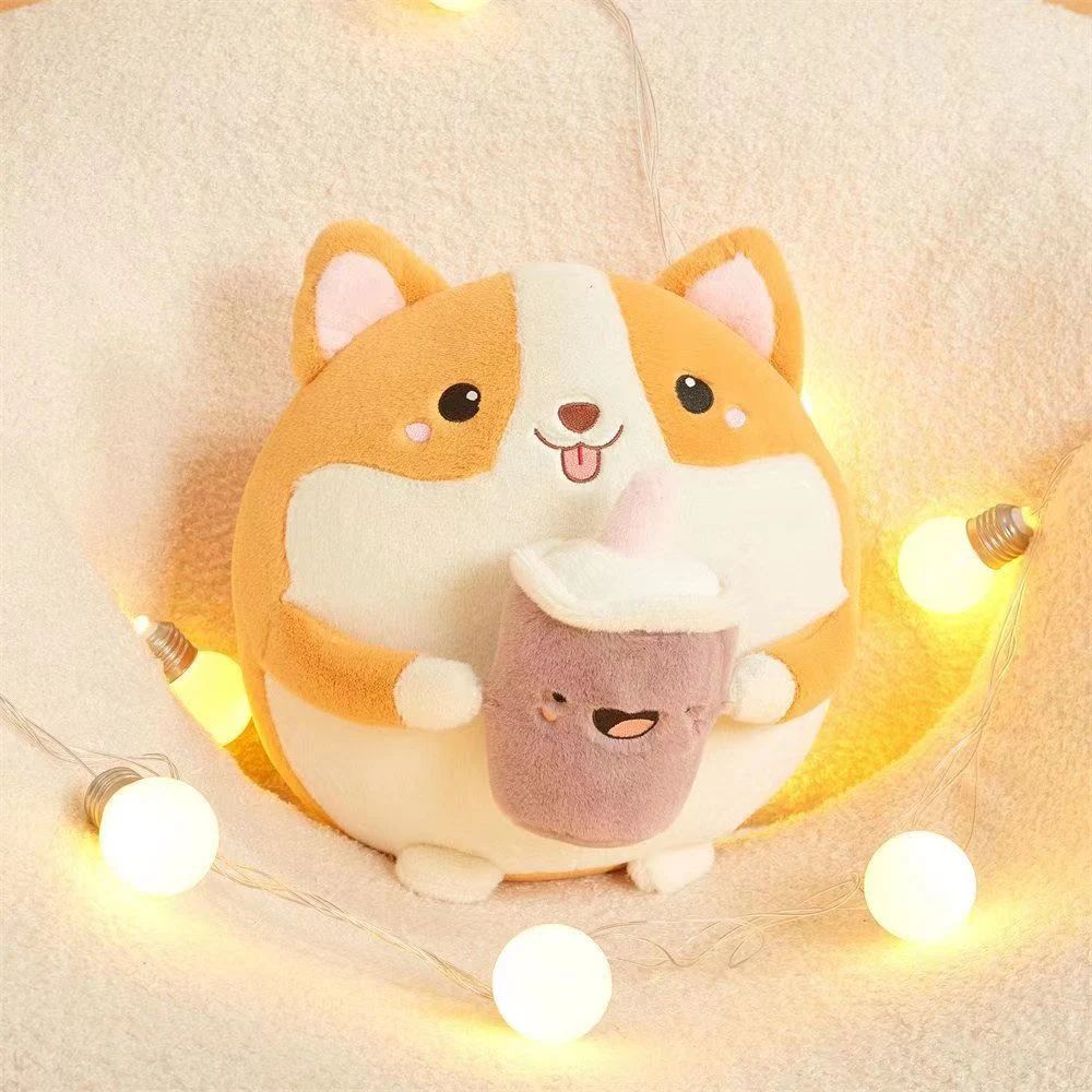 Round Ball Milk Tea Corgi Doll Cute Corgi Puppy Plush Toy Throw Pillow Children Comfort Doll Furniture Decoration