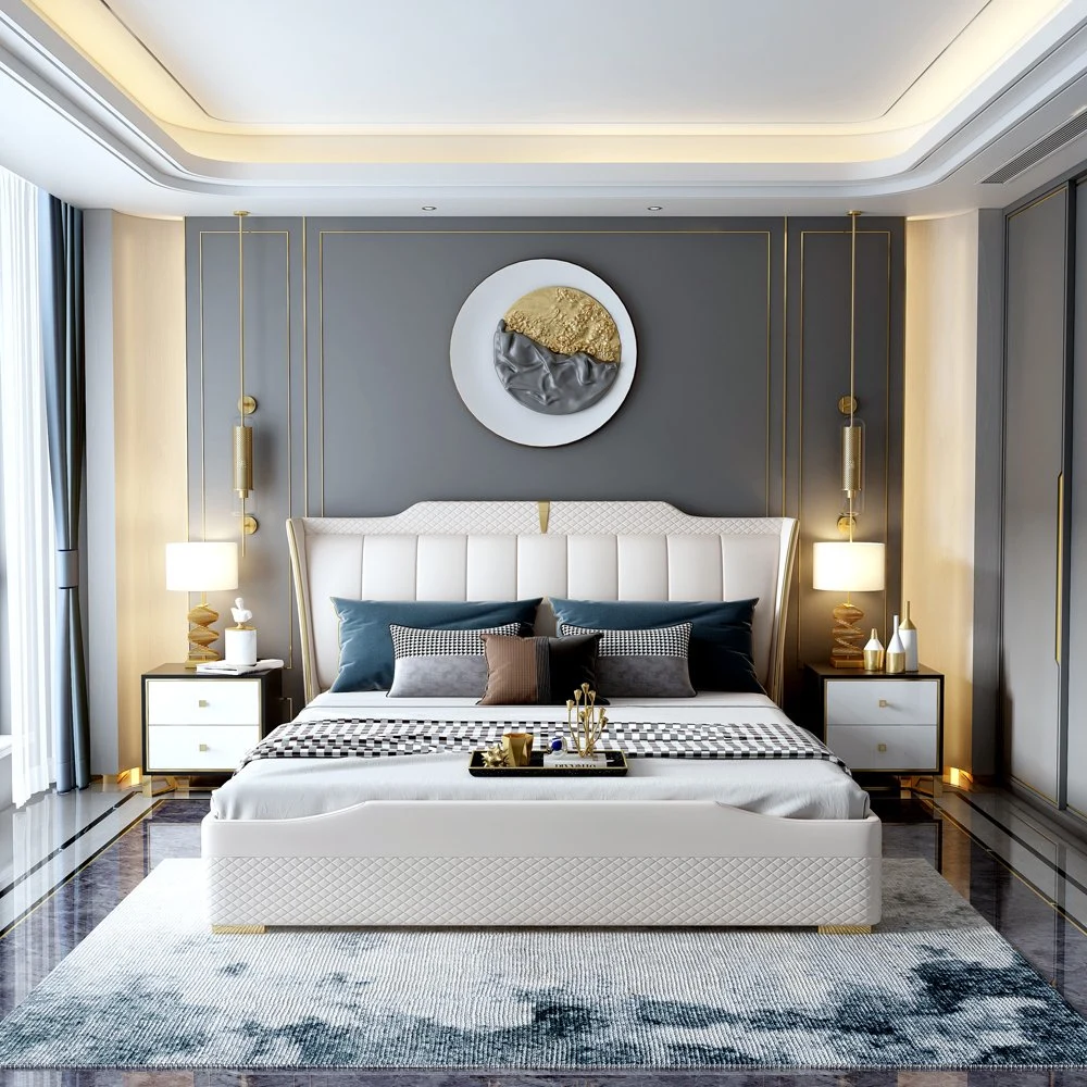 Moderne Luxus-Bettwäsche-Set Weiß Haus Aus Holz Leder Doppel-King Bett Schlafzimmer Möbel