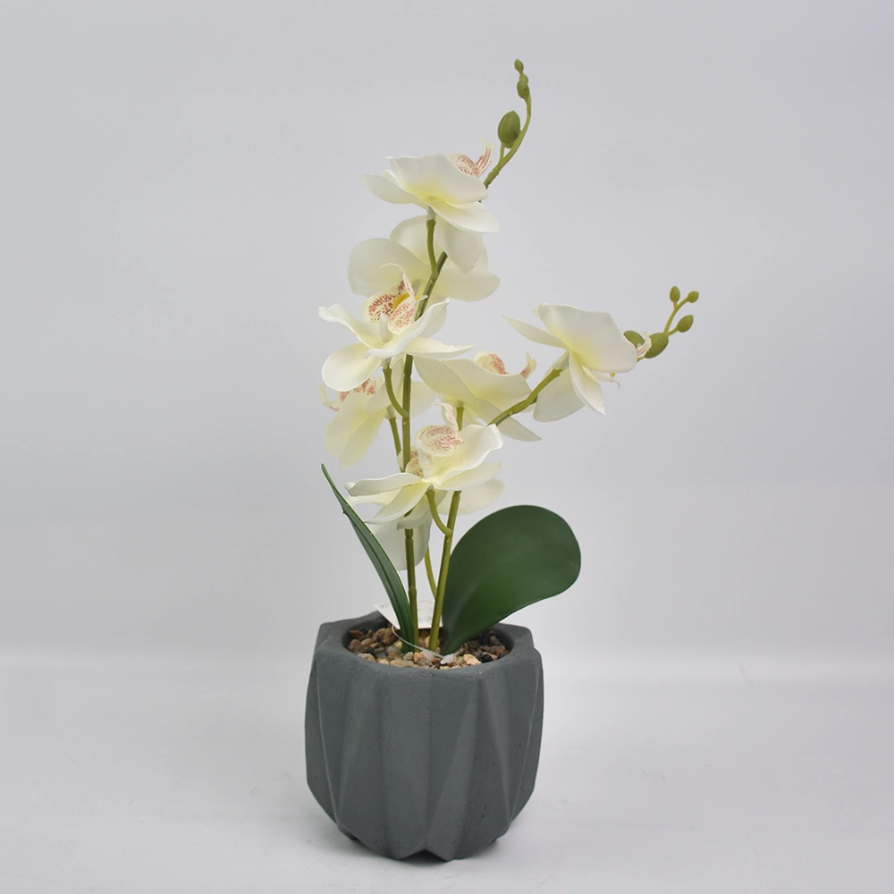 Precios bajos de fábrica de seda en 3D de la flor artificial orquídeas con cemento Pot