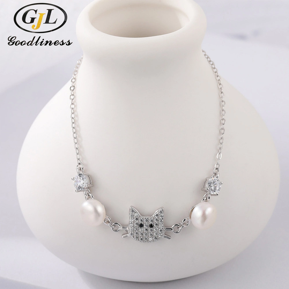 Kpop Style Freshwater Pearl Cat Bracelet for Girls Silver 925