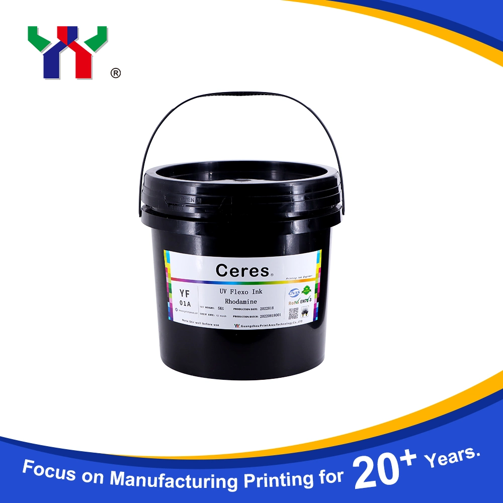 High quality/High cost performance Ceres Strong Adhesive Force UV/LED Flexo Printing Ink for Paper and Label Printing (PP, PET materials) , Panton Color Rhodamine Red 5kg/Barrel