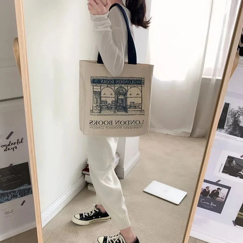 Tote Bag Women Canvas Shoulder Bag London Books Print Ladies Casual Handbag Tote Bag Reusable Large Capacity Cotton Shopping Beach Tote Bag