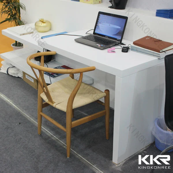 White Glossy Artificial Stone Office Table Reception Desk