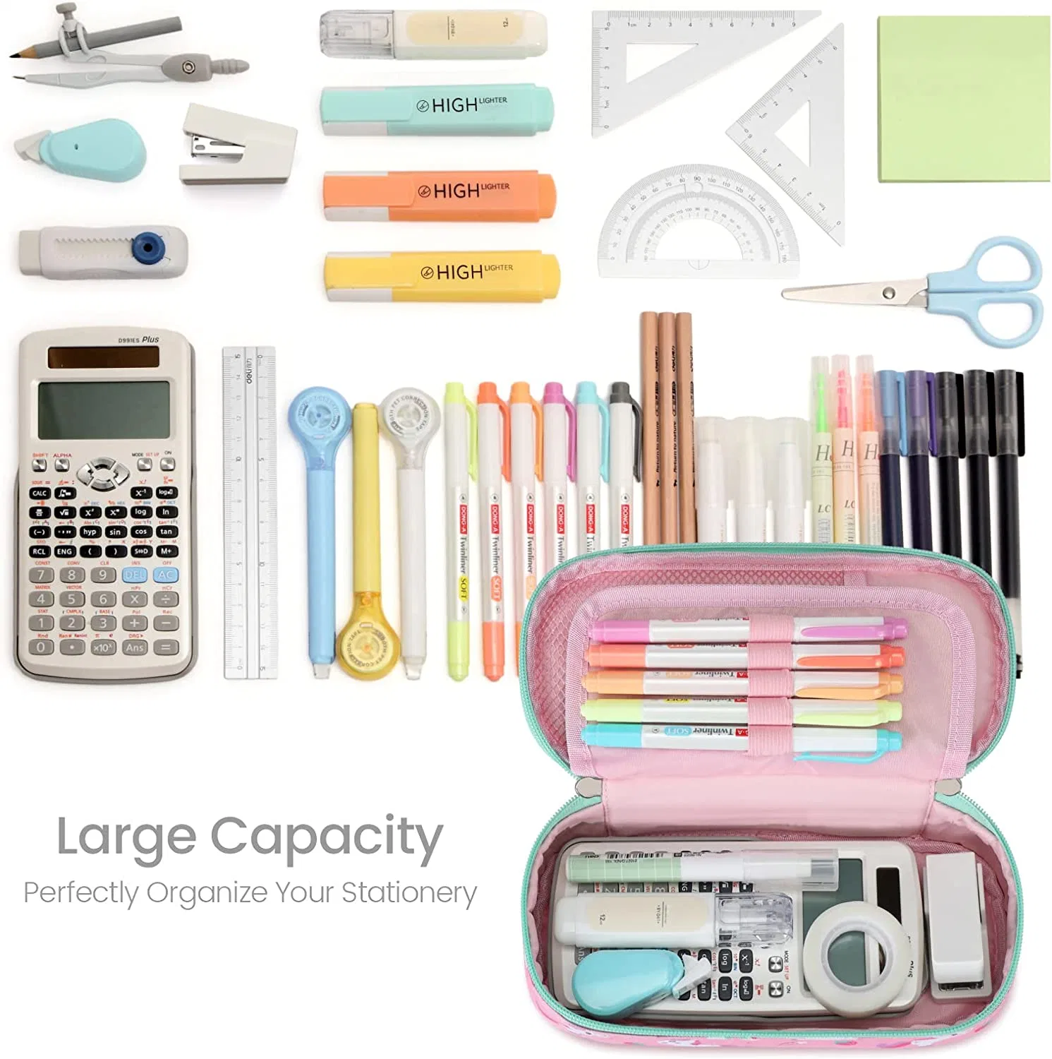 Big Capacity Pencil Case, Cute Pencil Case for Girls Kids, Multi-Slot Large Storage Pencil Pouch Pen Case Organizer for School, Pink Unicorns