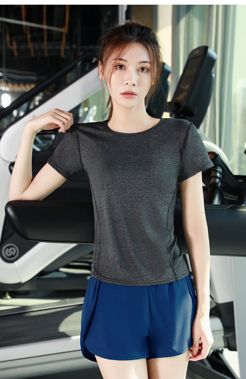 2023 Spring New Professional Yoga Fitness Sports Wear Ladies Round Neck Top Slim Gym Short Sleeves