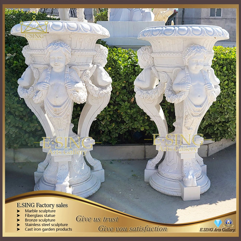 Garden Stone Furniture Flower Vase White Marble Planter Stone Carving Pots Marble Vase for Sale