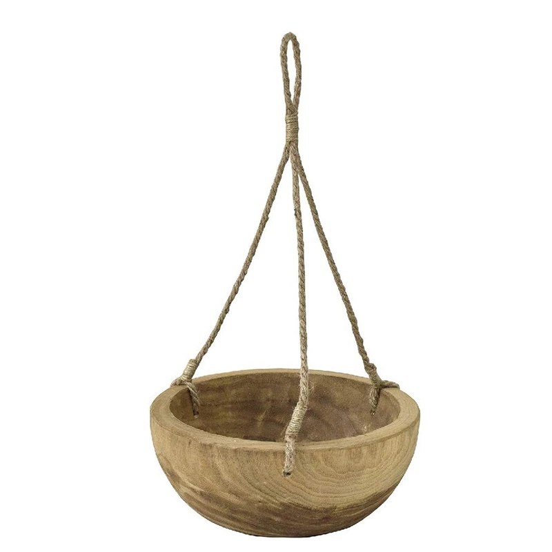 Carving Round Hanging Pot Natural Wood Color Home Garden Accessory