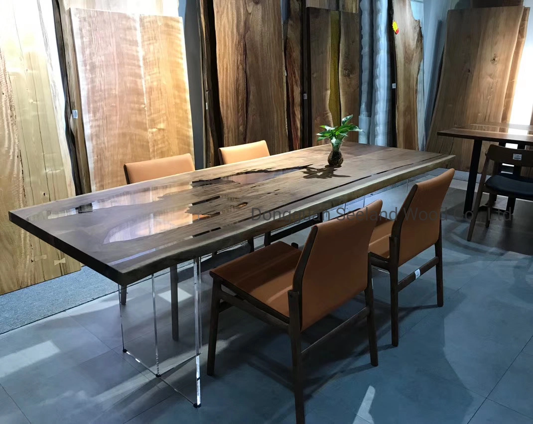 Tamanho personalizado Amercian Walnut Live Edge Conjunto mesa de jantar em madeira maciça com cadeiras