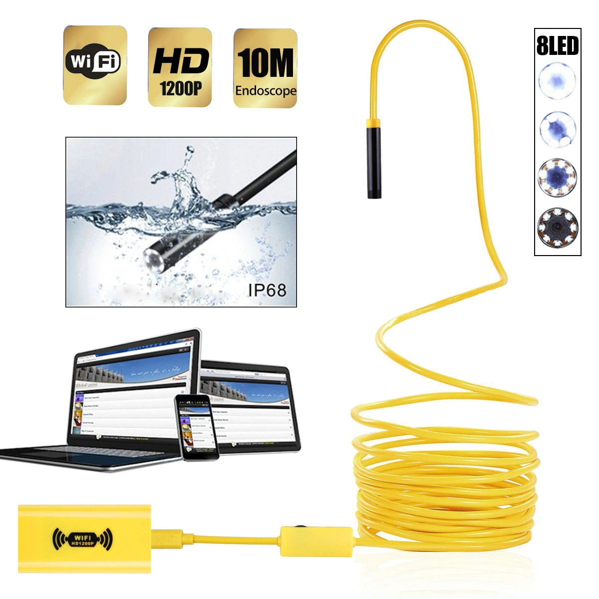 8mm WiFi de alta definición HD cámara endoscópica1200p IP67 Resistente al agua de la inspección de USB inalámbrico de 8 LEDs boroscopio endoscopio (para Android iPhone PC).