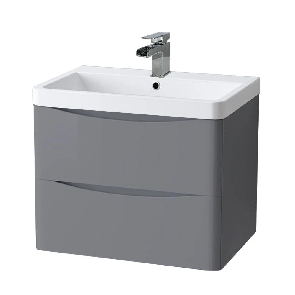 600mm Grey Bathroom Smile Vanity Unit Basin Storage 2 Drawers Cabinet Furniture