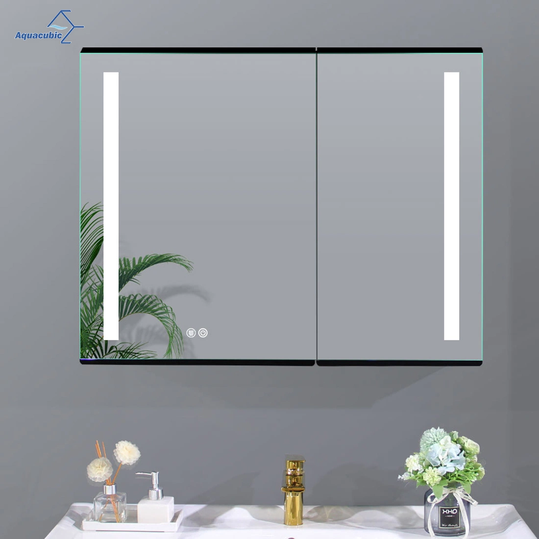 Rectángulo de cristal de diseño moderno cuarto de baño de la pantalla táctil de luces LED Espejo armario con espejo Anti-Fogging