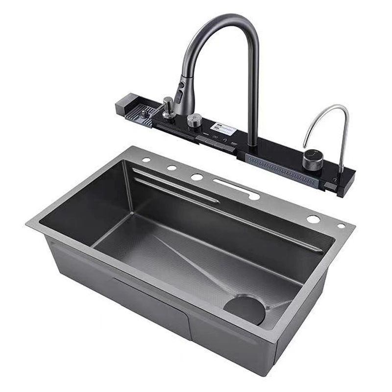 Cascada Cocina Pica Negro un tazón barra de acero inoxidable Pica Montaje bajo de la instalación de la superficie de la superficie de la capota con accesorios negros