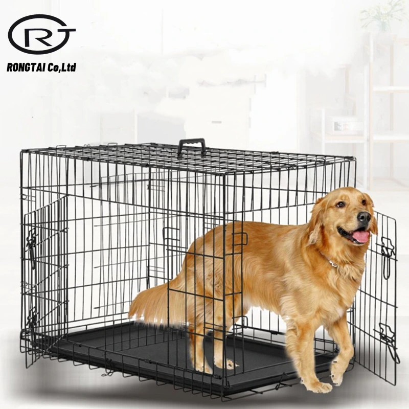 Caja de crate de perro de mascota de doble puerta con plegable de metal negro Jaula