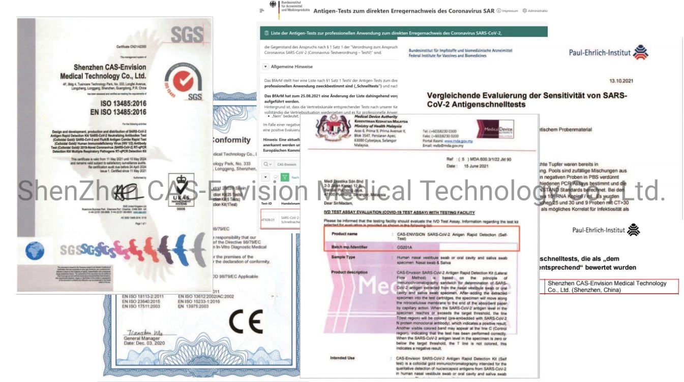 Certificación CE &amp; Bfarm Pei pruebas rápidas de diagnóstico de IVD Kit de prueba de casete precio barato de la Saliva hisopo Nasal Kit de prueba del antígeno del fabricante de China