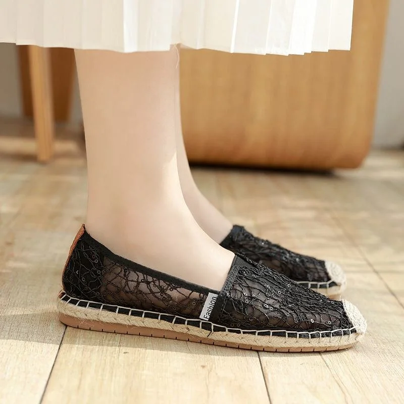 Custom Ladies Summer Fashion Lace Slip-On Flat Canvas Sapatos linho Sapatilhas de Fisherman para mulher macias e confortáveis e com sola casual