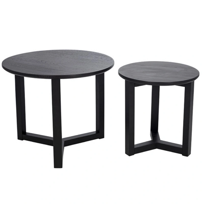 Black Small Round Nesting Coffee Table Set of 2, Modern Accent Oak Wooden Powder Painted Side Table for Living Room, Office, Home Decor, Bedroom