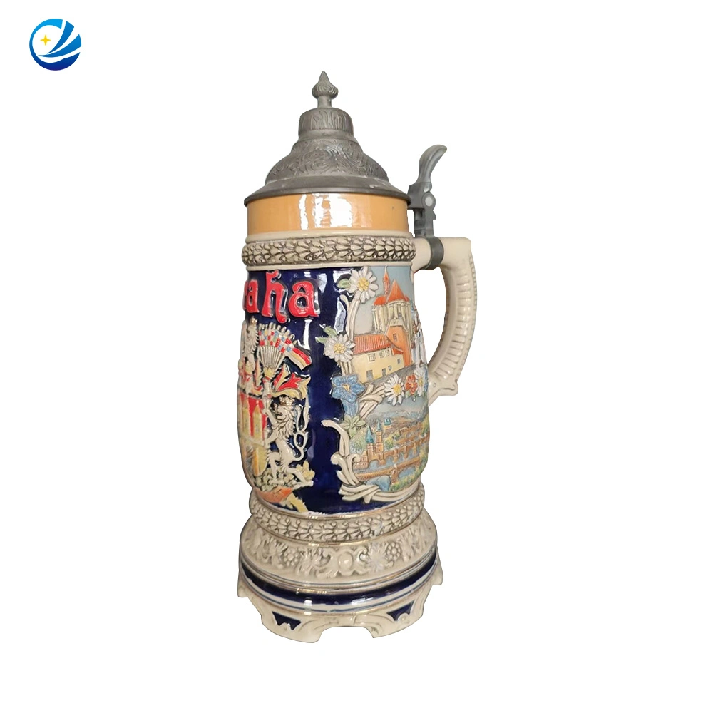 Fashion Carved German Ceramic Beer Steins German Carnival Collectible Ceramic Beer Stein with Ornate Metal Lid Custom Reusable Enamel Unicorn Wine Cup Beer Mug