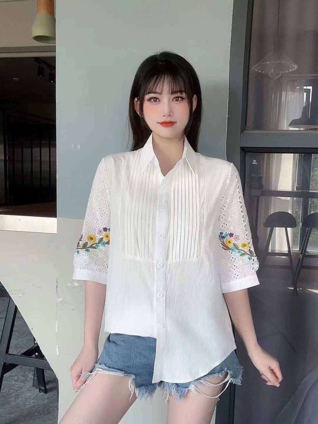 2023 Summer Cotton Polo Neck MID-Sleeve Hollowed out Design Sense Large Size Loose Casual Slimming Shirt Women's Clothing of Apparel