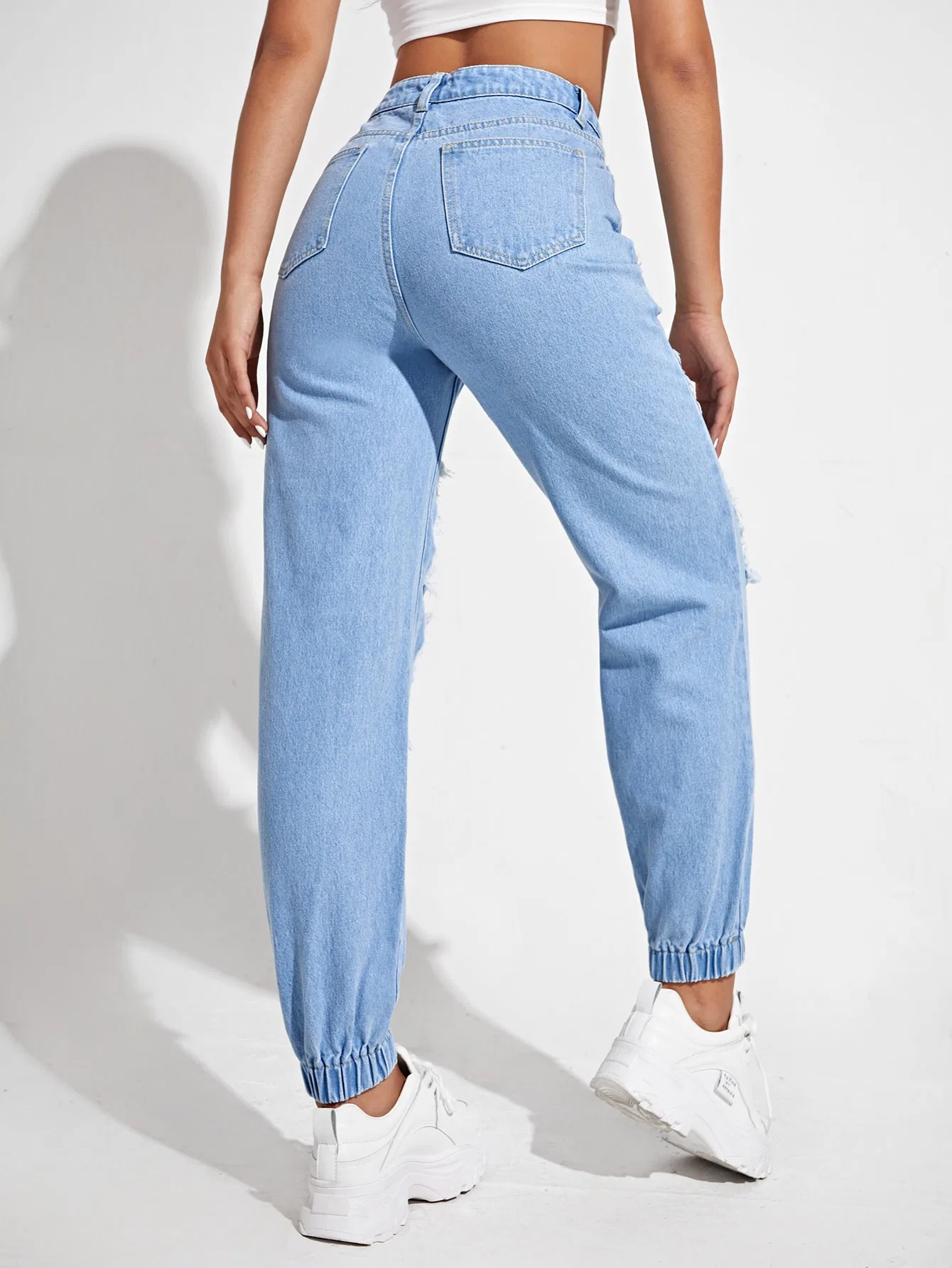 Hoch Taillierte Kratzlöcher Nicht-Stretch Qualität Elastan Unteren Saum Neu Fashion Lady Jeans Hellblaue Boyfrind Fit Jeans