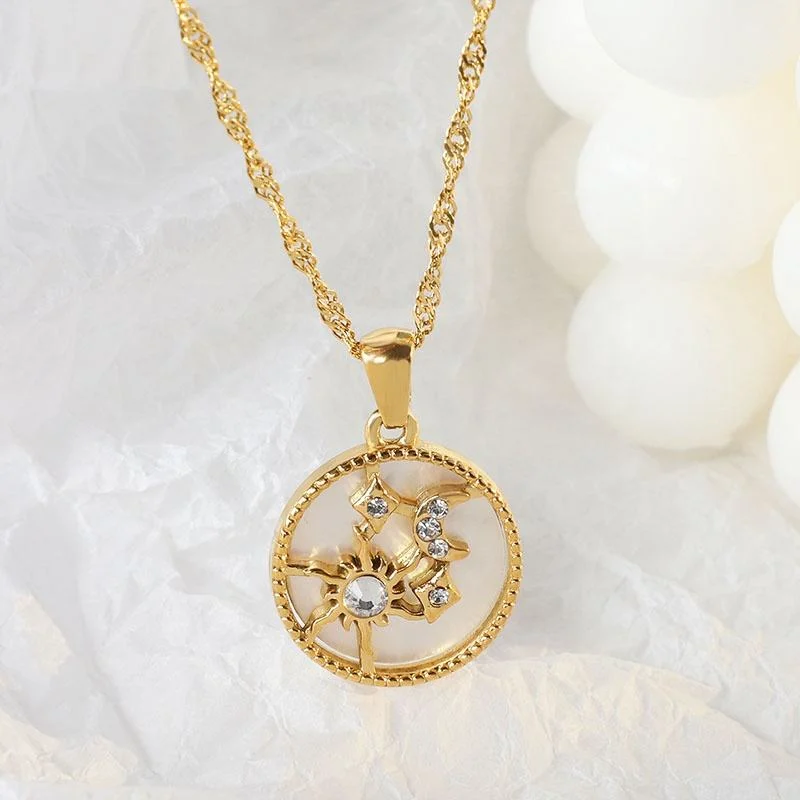 Shell Jewelry Stainless Steel 18K Gold Plated Diamond Moon Star Sun Necklace