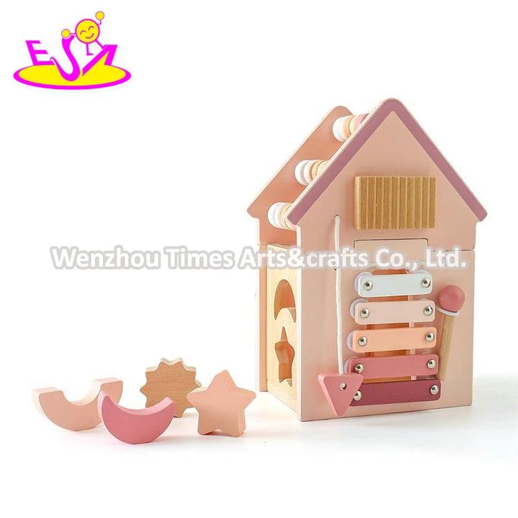 Multifunction Educational Pink House Shaped Wooden Shape Sorter Toy for Kids W12D497