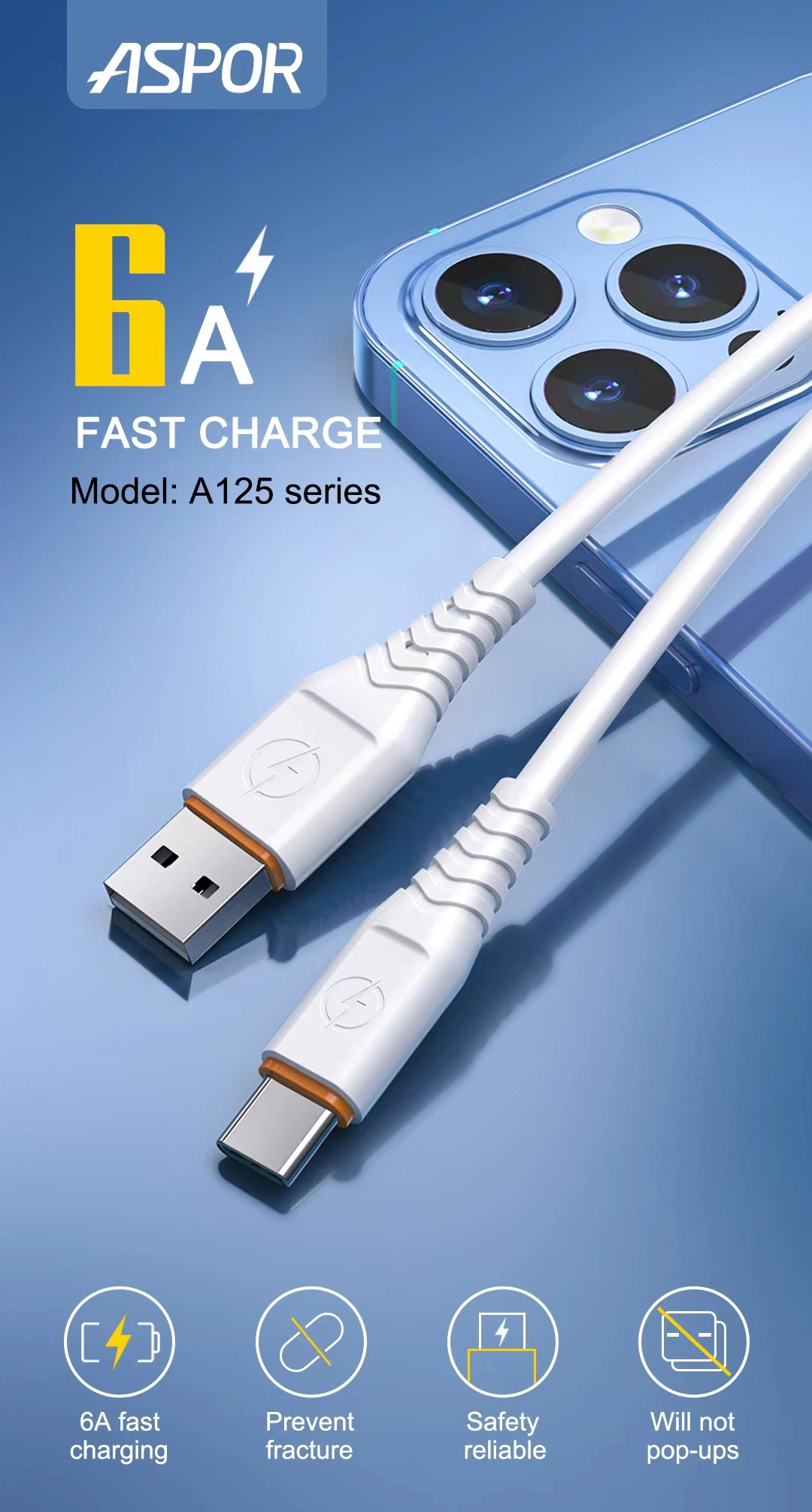 Aspor Factory Wholesale/Supplier 1meter Mobile Phone Fast Charger USB Type C Communication Data Cable for Samsung/Xiaomi Android Phones