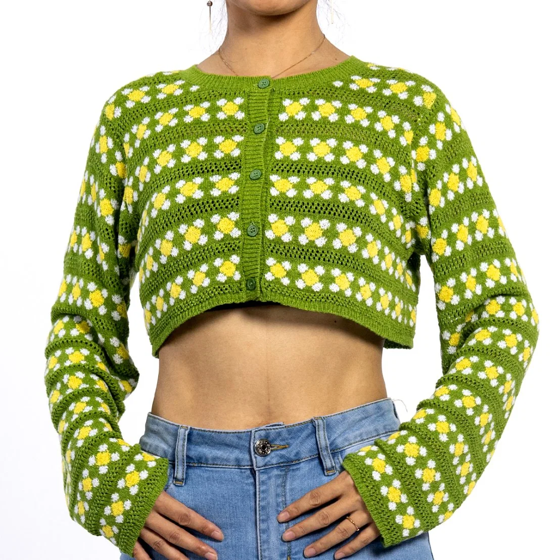 Custom Green ropa de punto Casual cuello redondo cierre abotonado Top corto Sudadera de manga larga para mujer