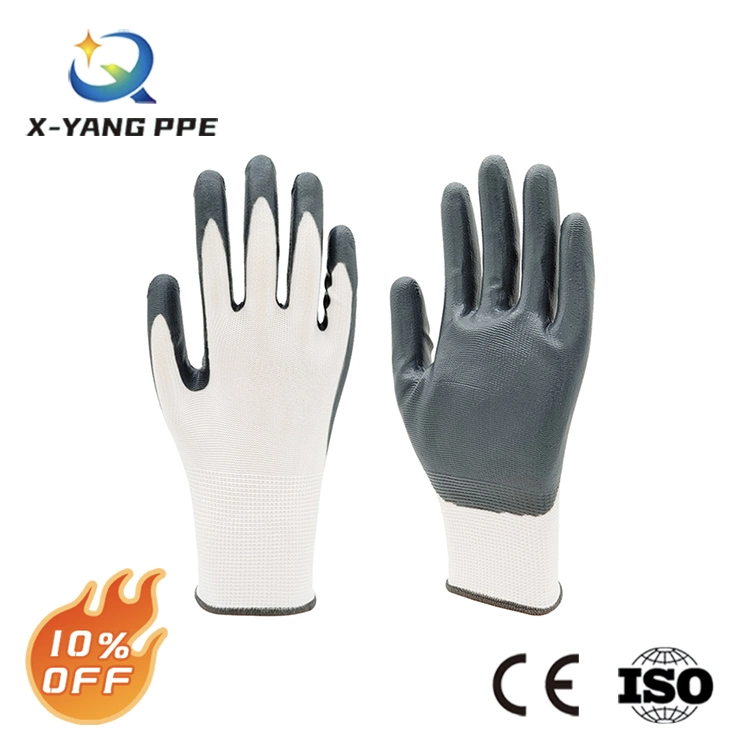 Factoryshop calibre 13la camisa de poliéster recubierto de cruce de Palm de nitrilo gris de las obras de seguridad de protección de la construcción industrial de mano de trabajo mejores Guantes de trabajo