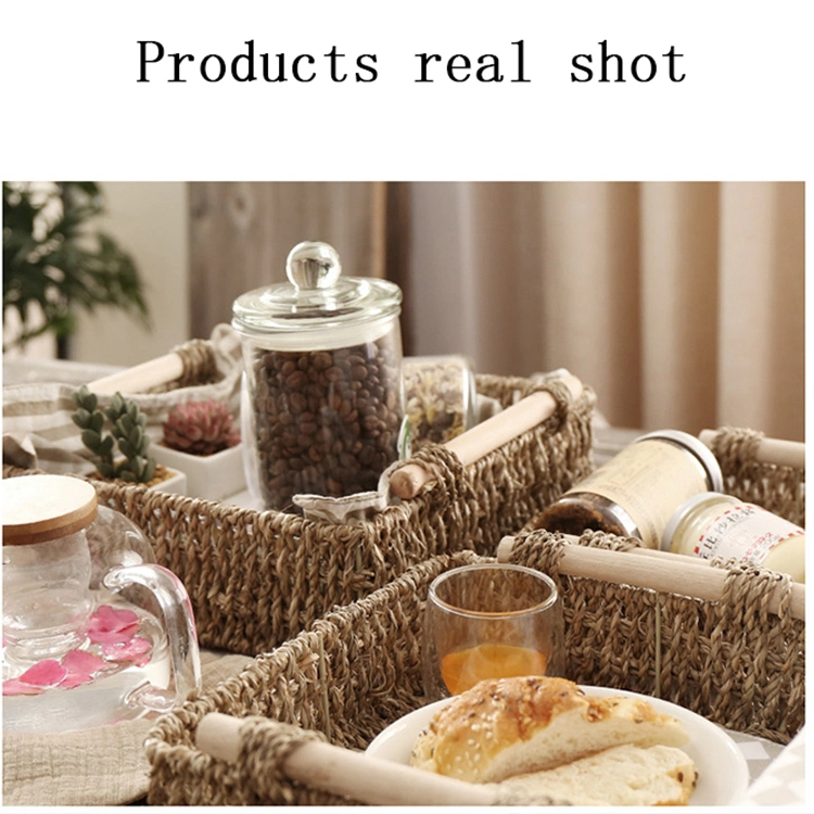 Grass Woven Wood Handle Handmade Straw Woven Desktop Storage Basket Storage Box