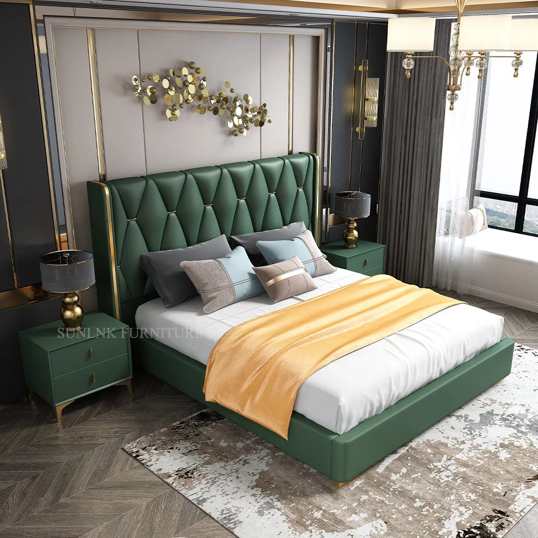 Luxus-Startseite Leder Cama Möbel Set Aus Getuftetem Holz King Size Schlafzimmer Bett