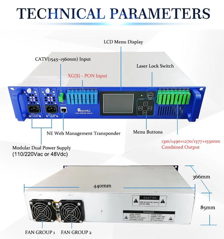 Fullwell 1310/1490 y 1270/1577&amp;1550nm Xgs-Pon combinador EDFA CATV en 16 puertos