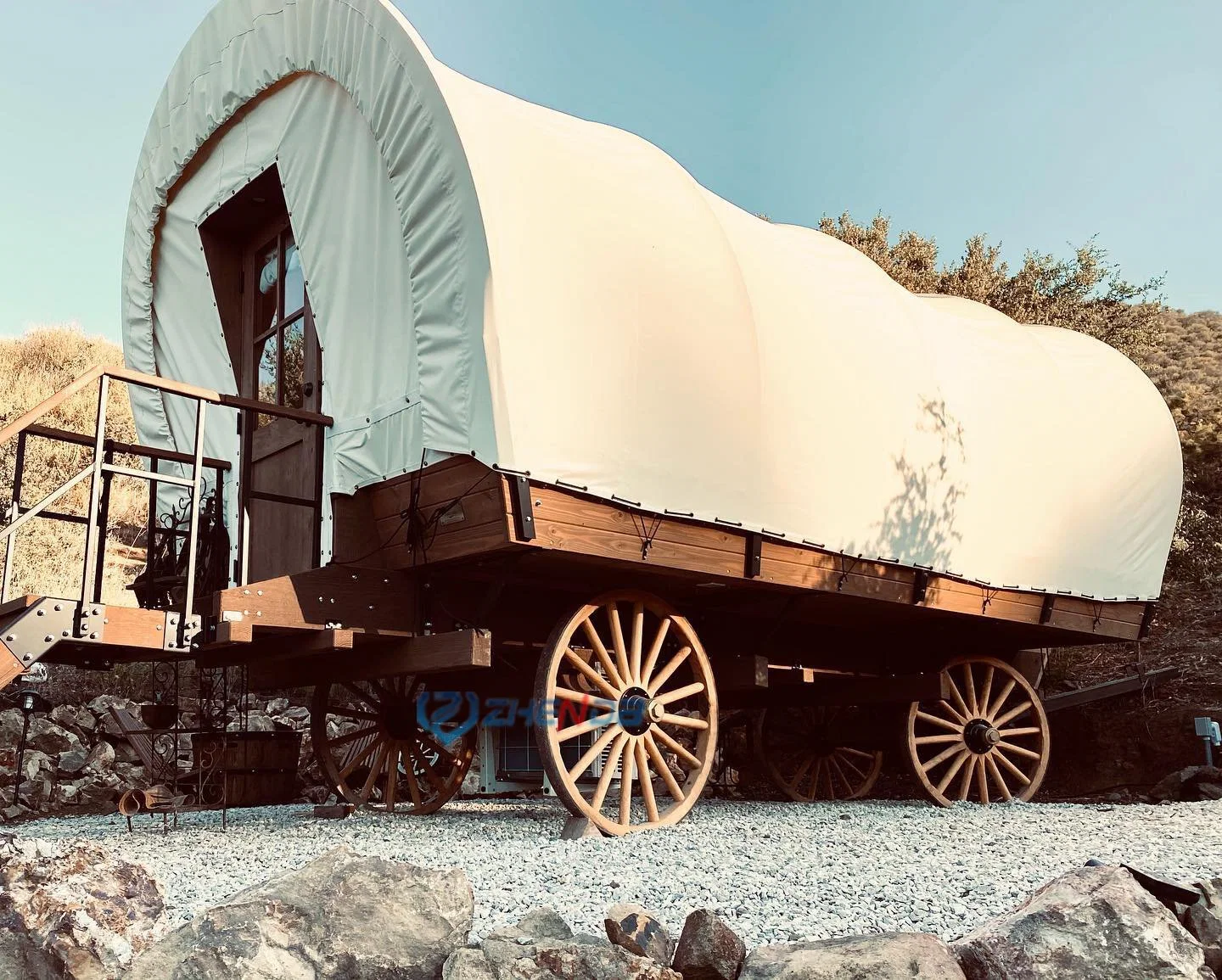 Custom Glamping Prefab Bewegliche Einzigartige Wagen Wagon Zelt Hotel Startseite Außenanlage Hotel Zelt