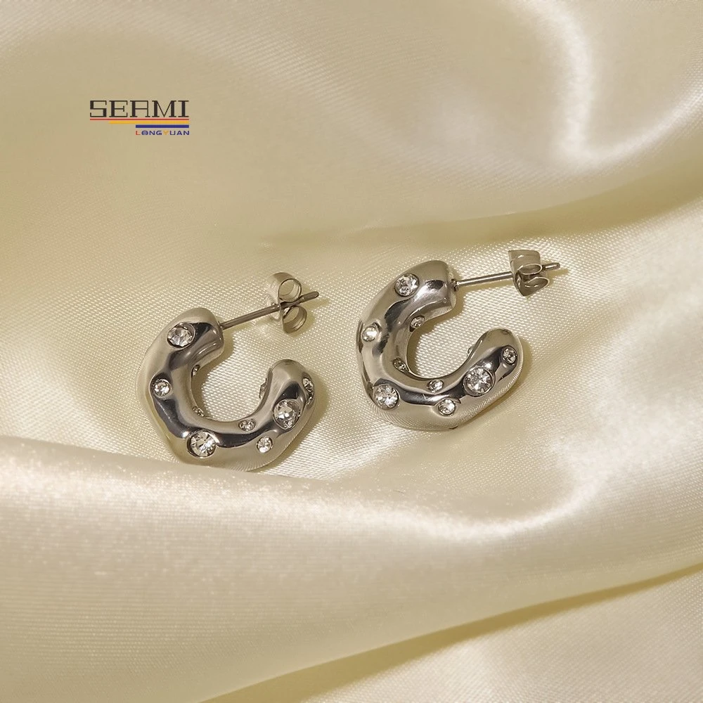 Hammer Zircon C-Shaped Titanium Steel Earrings Fashion Jewelry