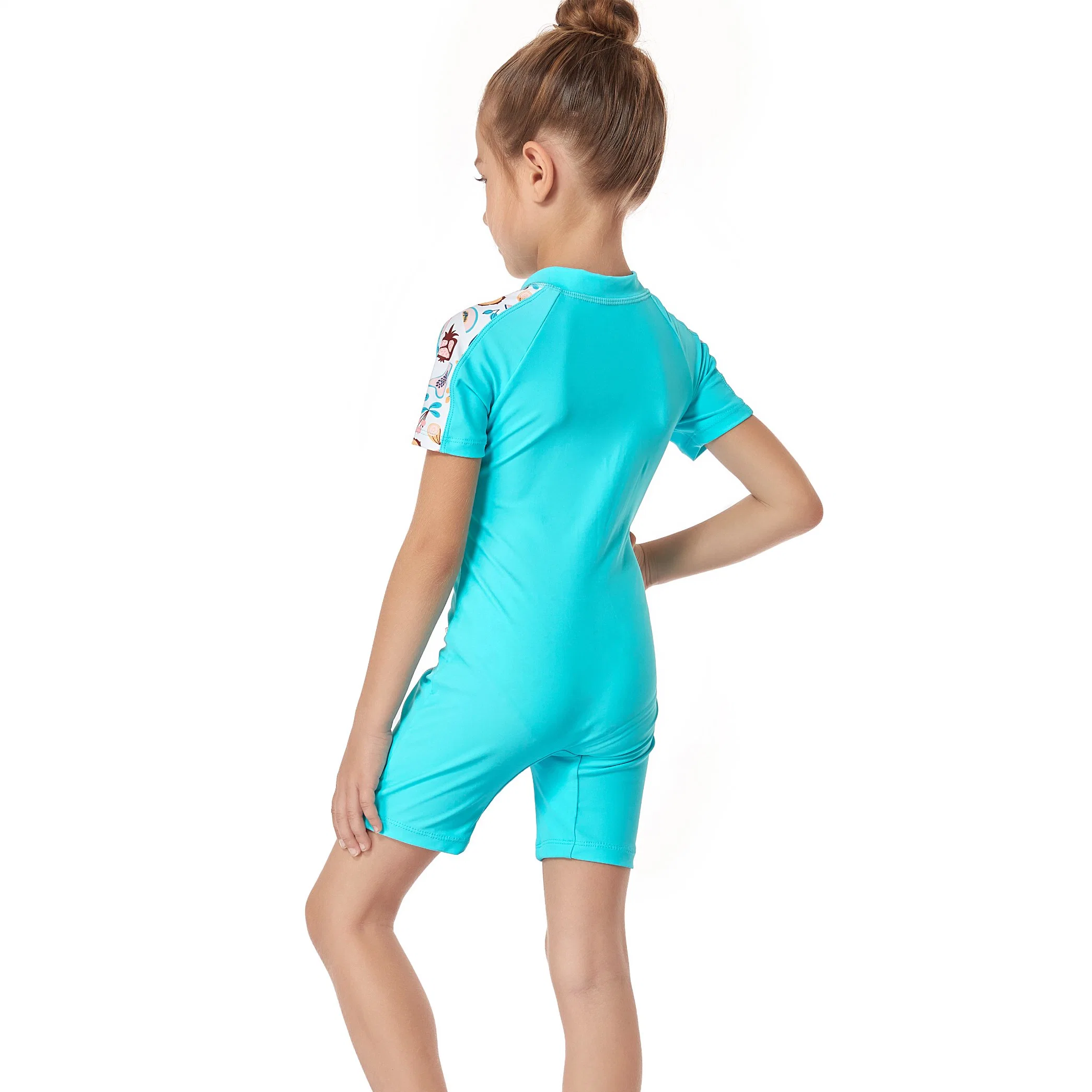 2023 New Girls' Swimwear Zipper Short-Sleeved One-Piece Swimsuit Three Needles Five Lines Children's Pants Beachwear