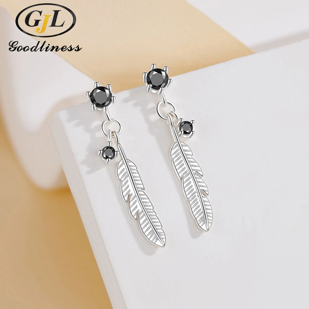 Dainty Black Stone Feather Dangle Earrings for Girls 925 Silver