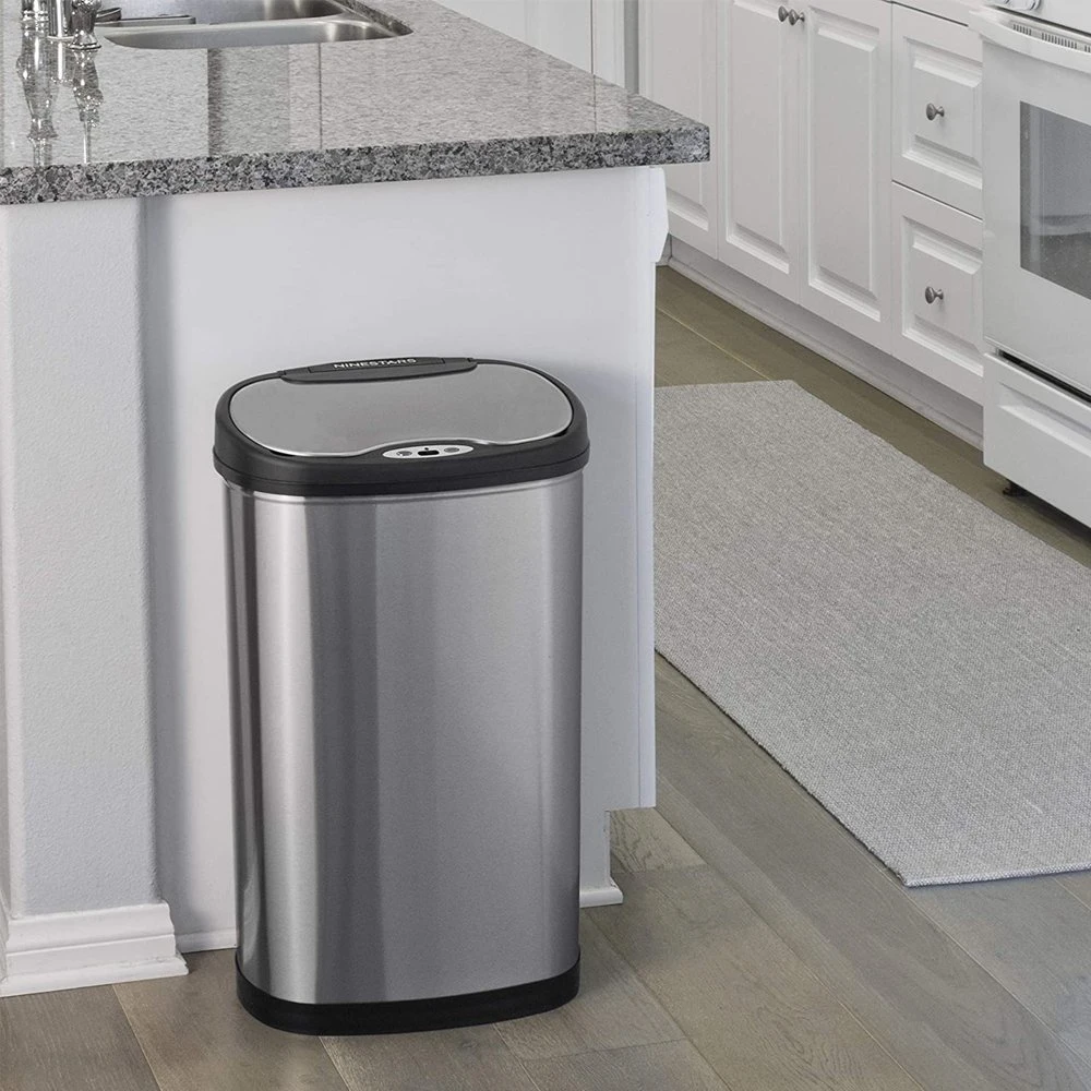 Automatic Touchless Motion Sensor Oval Trash Can with Black Top, 50 L Stainless Steel