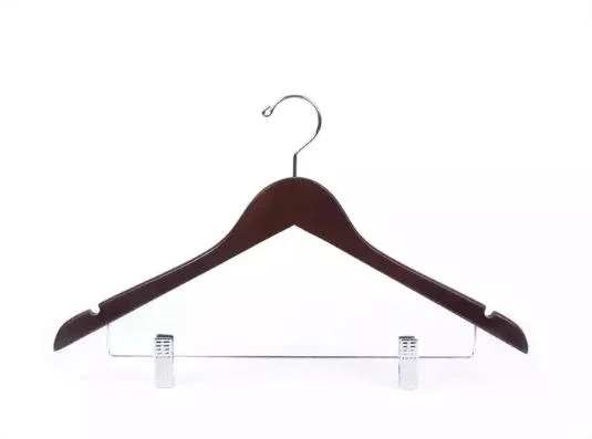 Dark Wood Hangers: Solid Wooden Top Garment Hangers of Cherry Brown Finish with Metal Trousers Clips for Adult Clothes Display