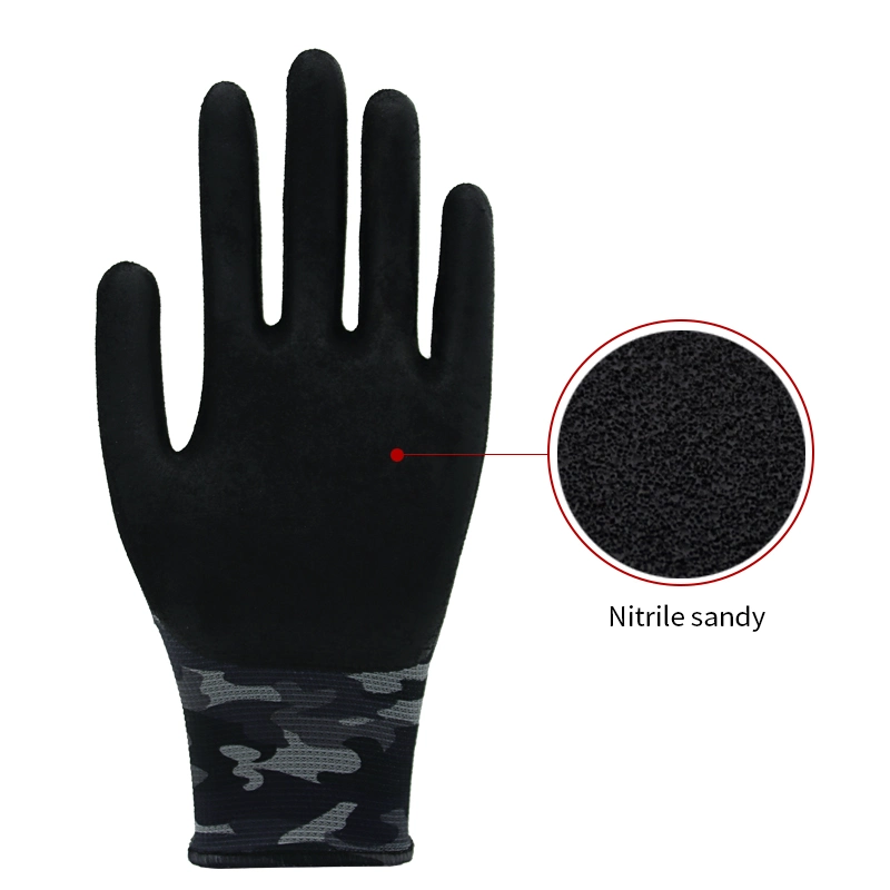 En388 13G طباعة مخصصة Liner Nitrile Sandy Coated Hand Protocecive قفازات العمل