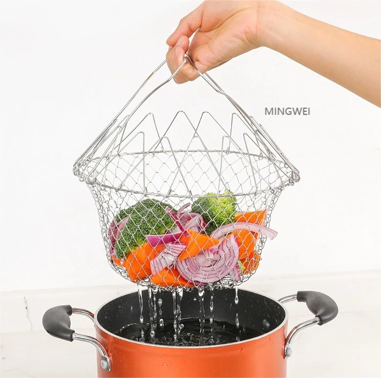 Mingwei Deep Fry Basket Stainless Steel Foldable Cooking Basket Flexible Kitchen Tool for Fried Food Strainer Washing Fruits Vegetables