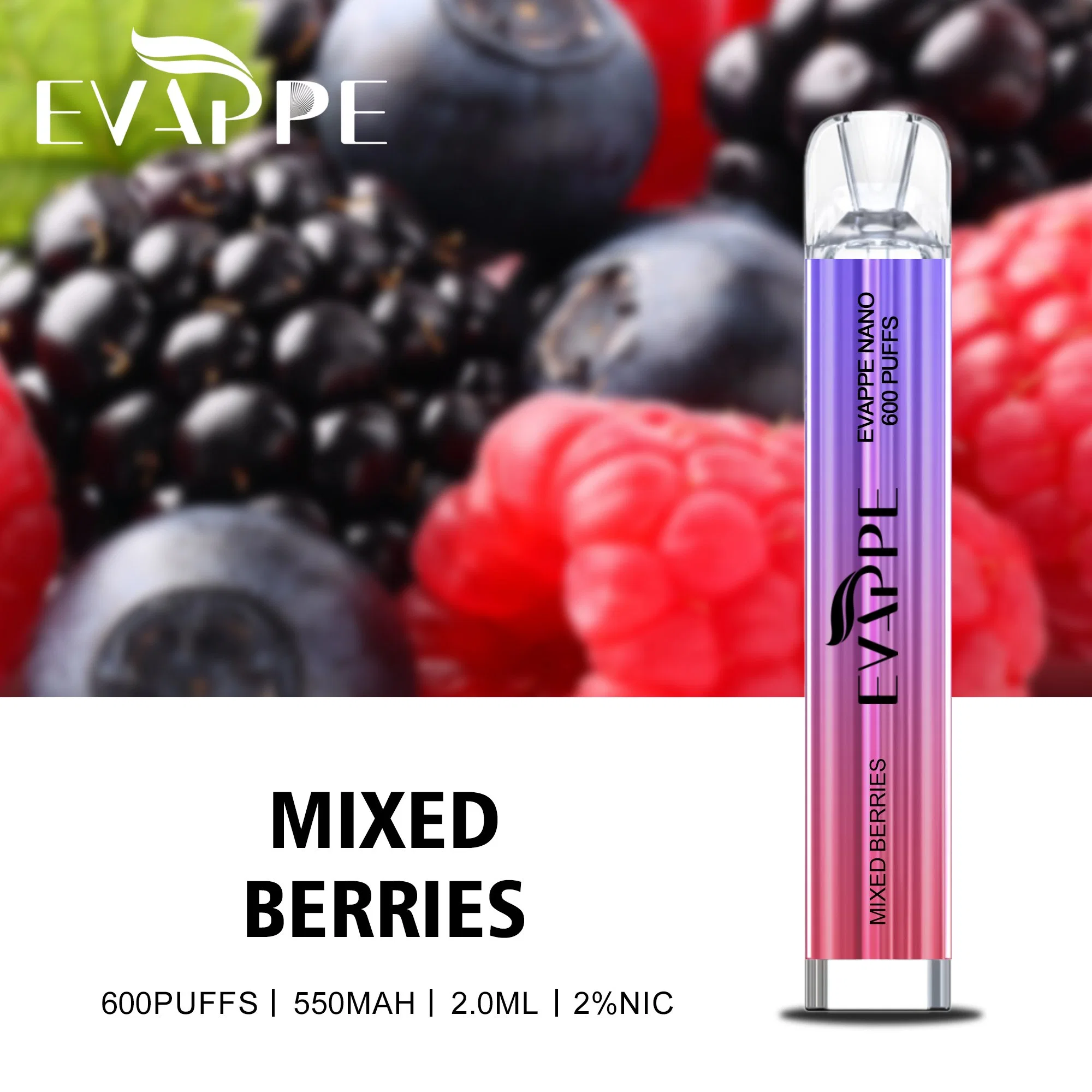 مصنوعة في الصين Evappe Nano 600 Puffs Bar مقاومة سعة 2 مل 550 مللي أمبير/ساعة: 1.2 أوم استخدام Visporizer Vape القلم الأنا السجائر الإلكترونية Vape