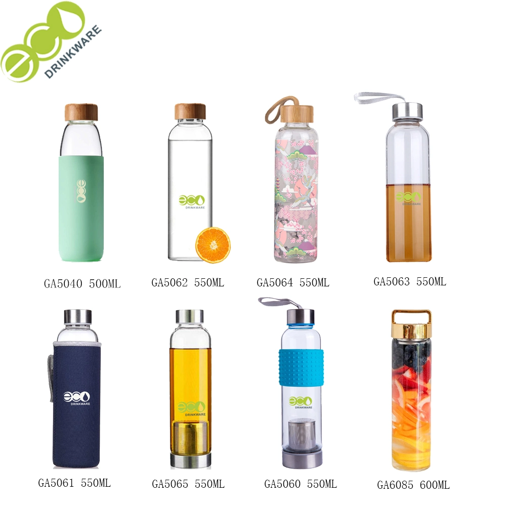 Waterdrop Ga5062 500ml Single Wall Glass Bottles Travel Silicone BPA Free Custom Wholesale/Supplier Water Bottles Borosilicate Glass Water Bottle with Bamboo Lid