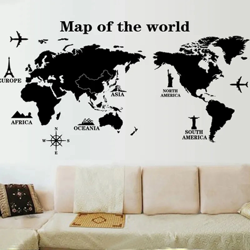 Home Decor adhesivo PVC Viajes Negro Mapa del Mundo Palas de pared