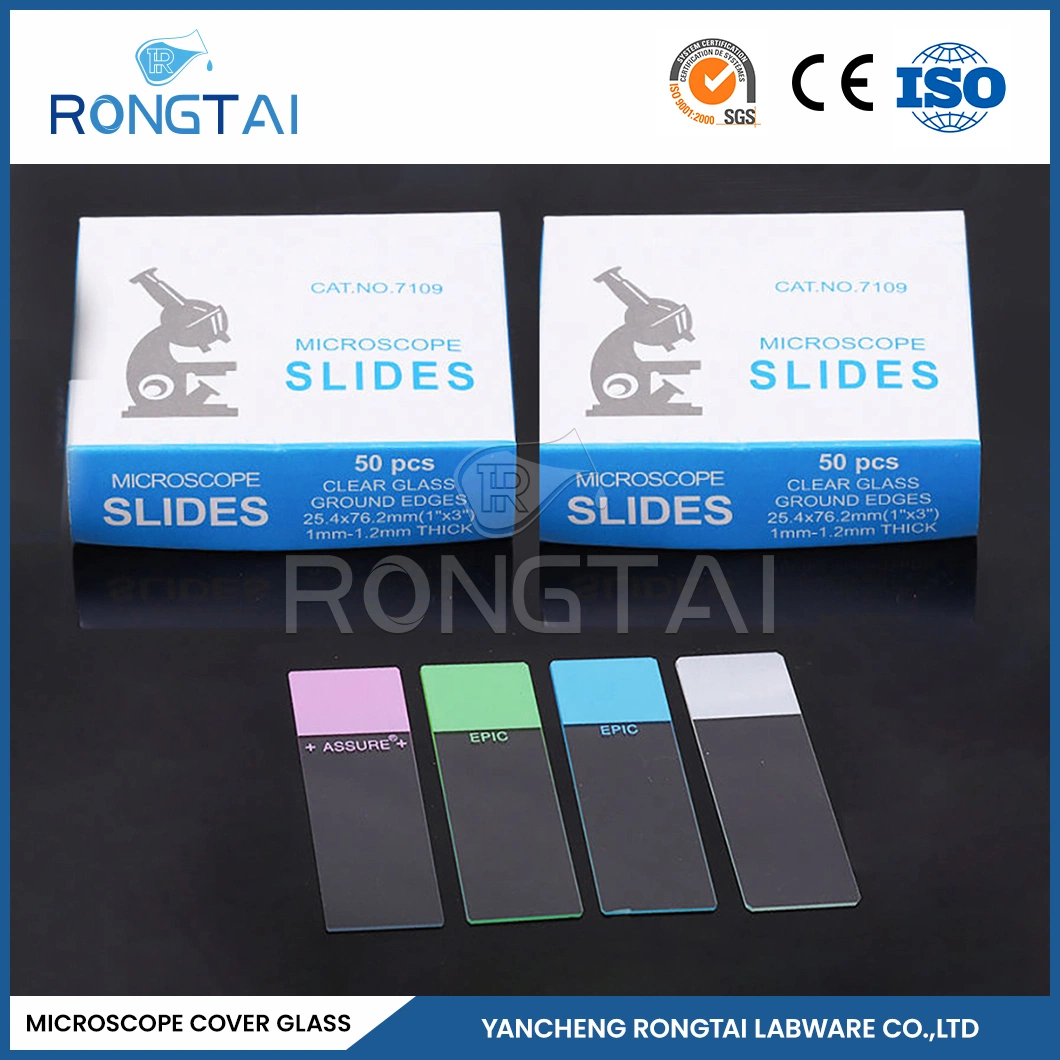 Rongtai vidrio para Microscope fábrica vidrio diapositiva 7107 China 7101 7102 7105 7107 7109 vidrio de portaobjetos congelado