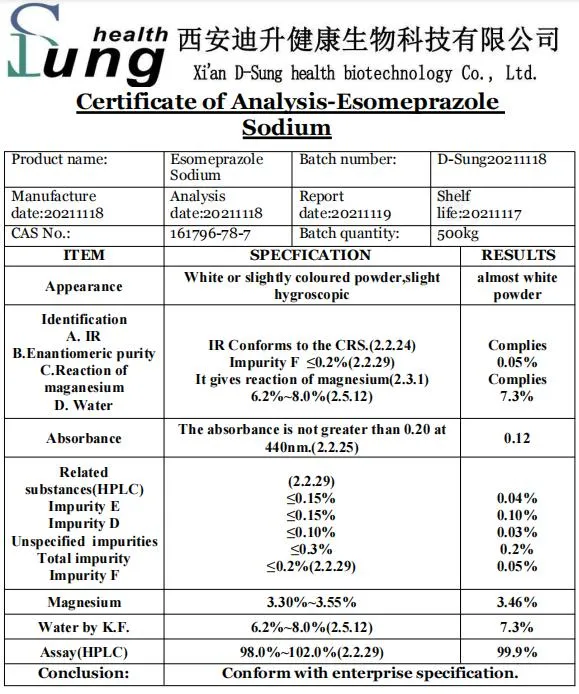 الأدوية CAS 161796-78-7 إيزومبرازول الصوديوم بايزومبرازول مادة الصوديوم إيزومبرازول الصوديوم