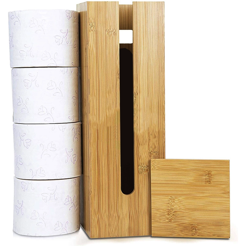 Support de rangement pour rouleau de papier toilette en bambou moderne en gros avec boîte en bambou et étagère avec couvercle.