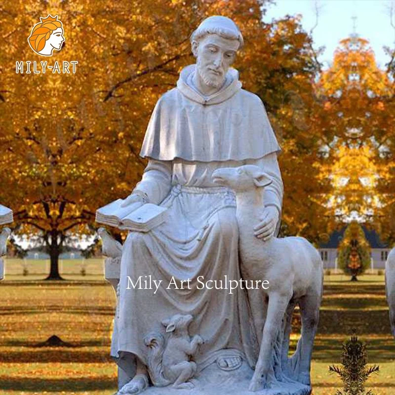 Life Size Outdoor White Hand Carving Stone White Marble Saint Francis Sculpture