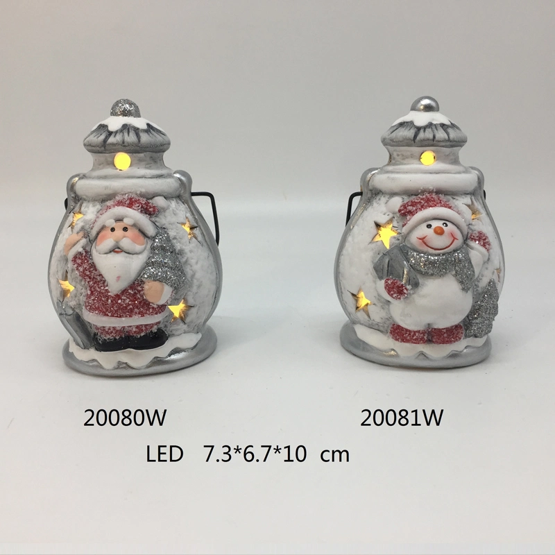 Handling Ceramic Santa&Snowman Assortment Storm Lantern, LED Night Light Lamp for Christmas Decoration